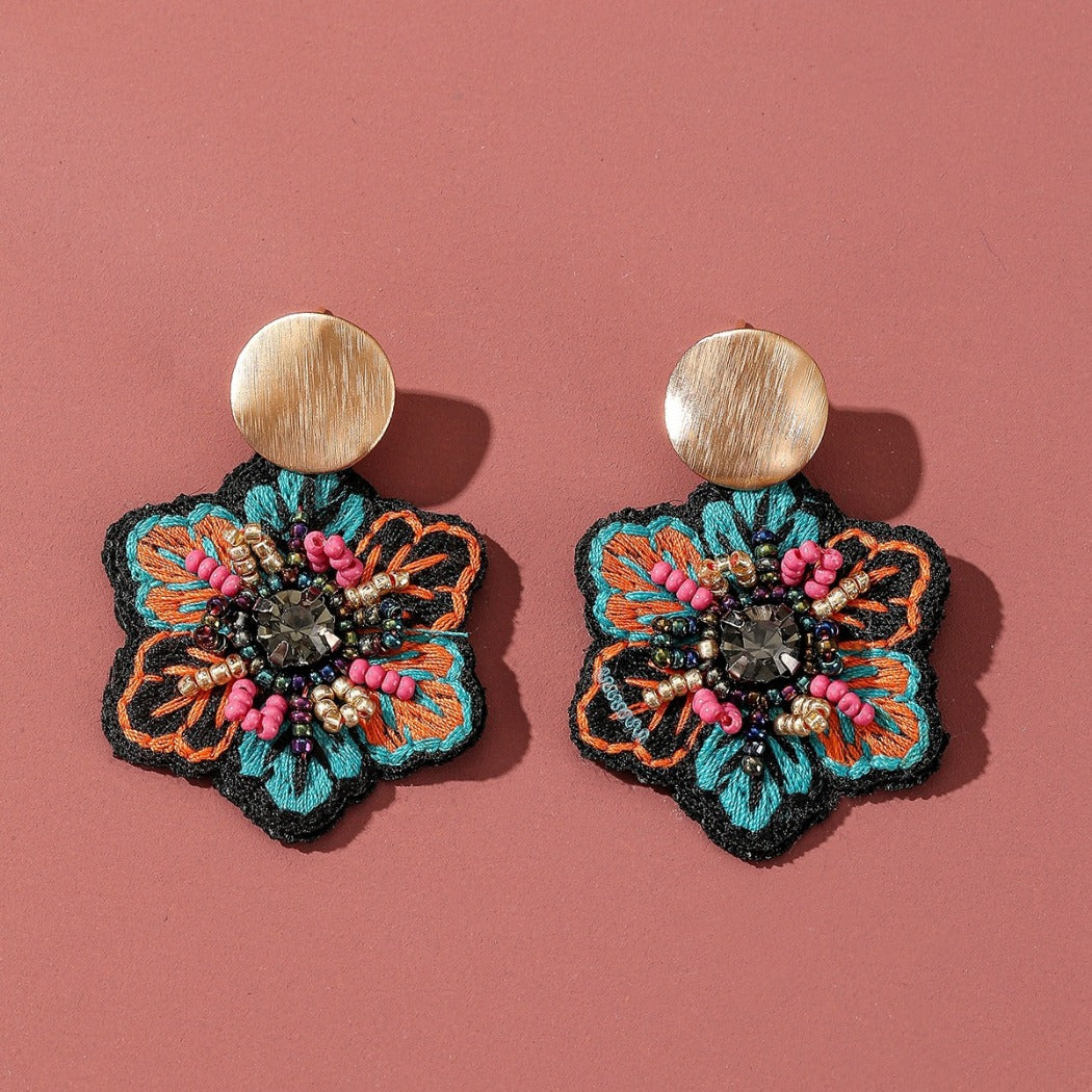 Earwish - Boho Fabric Floral Earrings - Blue / Green