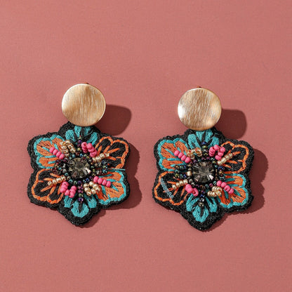 Earwish - Boho Fabric Floral Earrings - Blue / Green