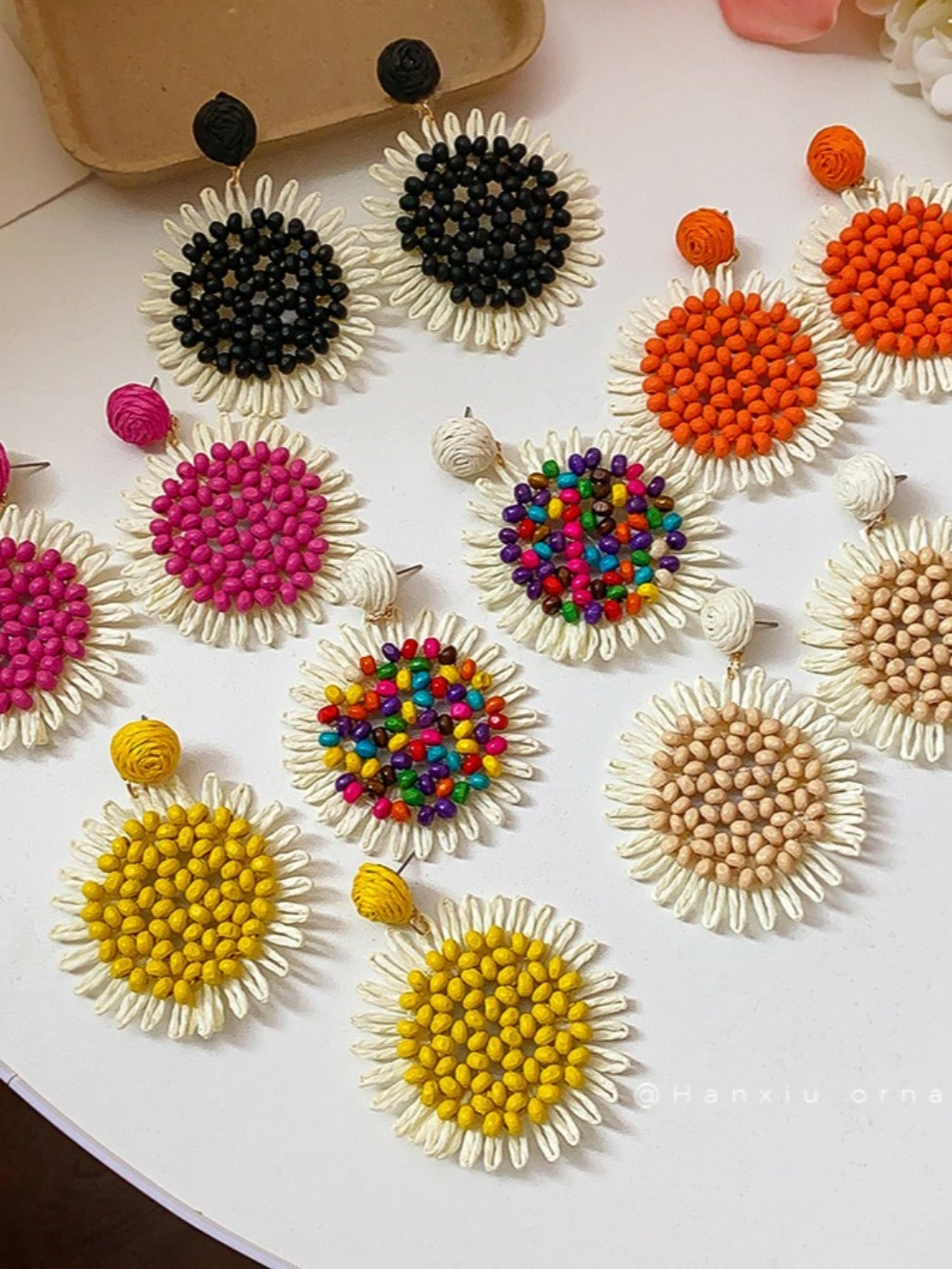 Earwish - Raffia Beaded Sunflower Earrings – Boho &amp; Cheerful