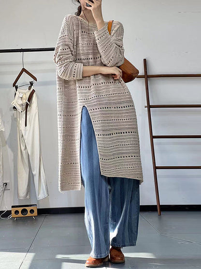 Long Sleeves Loose Hollow Solid Color Split-Front Round-Neck Sweater Dresses