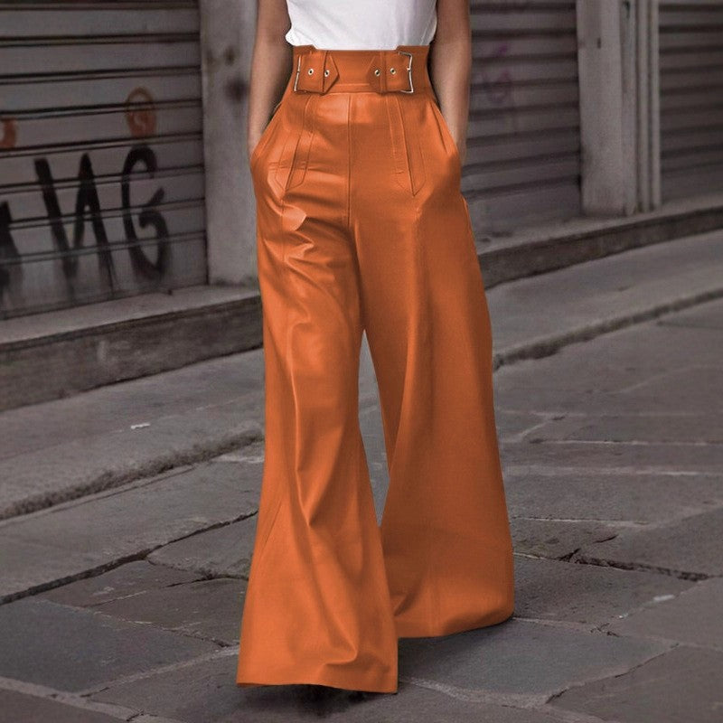 Solid Color High Waist Loose Pleated Pocket Leather Pants