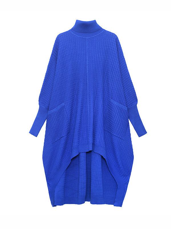 Batwing Sleeves High-Low Pockets Solid Color Split-Joint High-Neck Midi Dresses Sweater