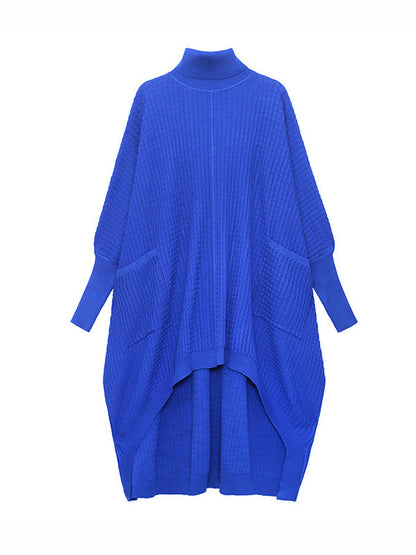 Batwing Sleeves High-Low Pockets Solid Color Split-Joint High-Neck Midi Dresses Sweater
