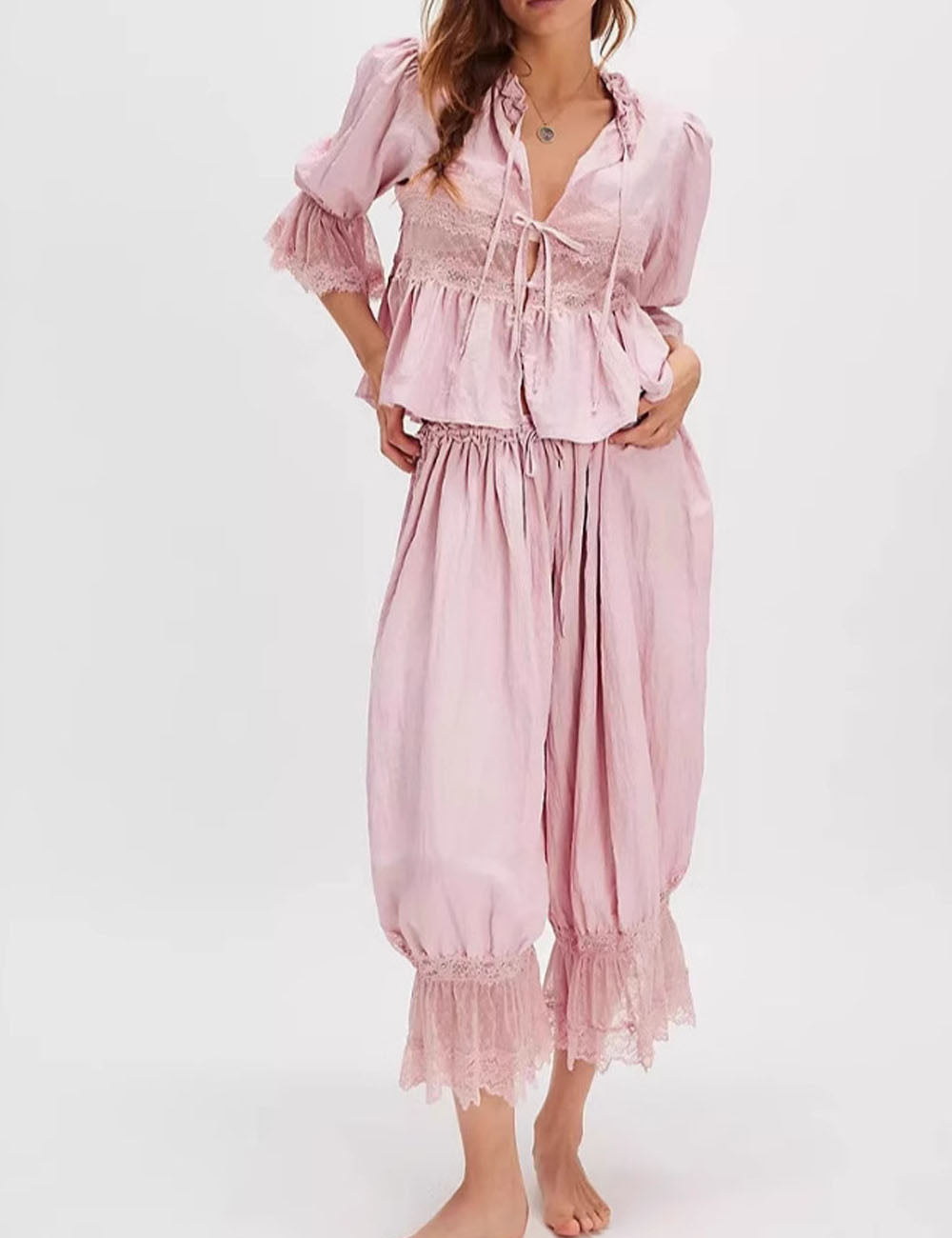 Hollow Lace Tie Front Sleepwear Pants