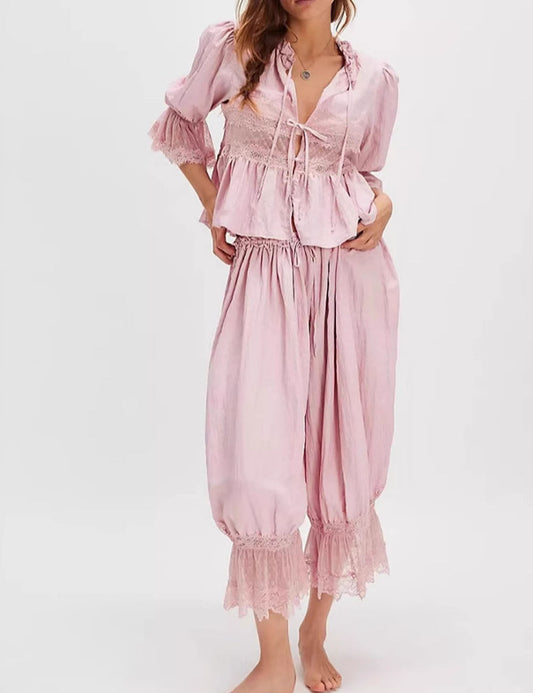 Hollow Lace Tie Front Sleepwear Pants