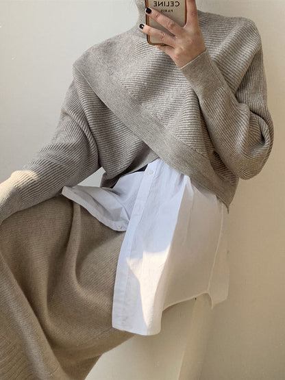 Stylish 4 Colors Knitting High-Neck Asymmetric Split-Front Sweater