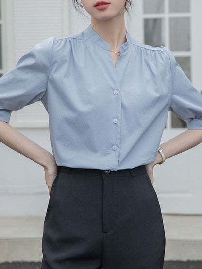 Half Sleeves Loose Buttoned Pleated Solid Color Split-Joint Stand Collar Blouses&Shirts Tops