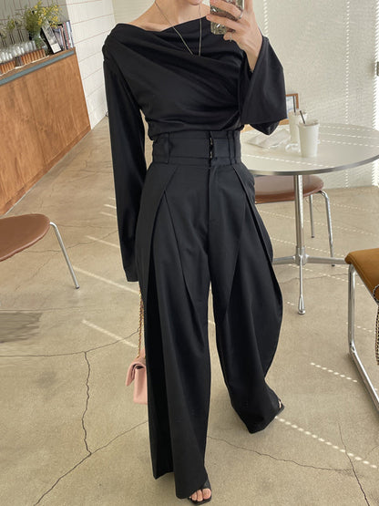 Wide Leg Pockets Solid Color Zipper Casual Pants Bottoms