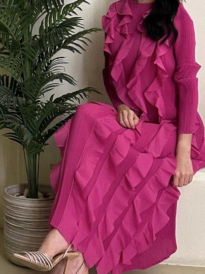 Solid Color Bodycon Pleated Ruffled Long Sleeves Maxi Dresses