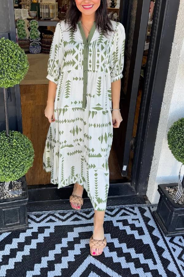 Women's Button V Neck Geometric Print Dress