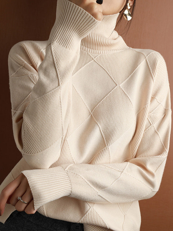 Loose Rhombus Solid Color High-Neck Sweater Tops