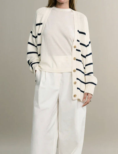 Striped V-Neck Color Block Button Down Cardigan