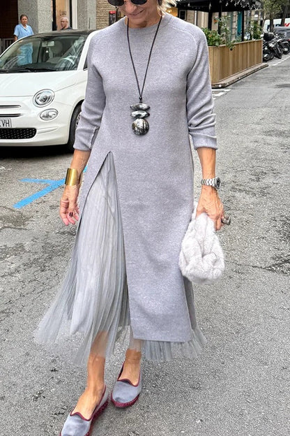 Jollie Knit Long Sleeve Front Slit Midi Sweater and Pleated Tulle Stretch Tank Midi Dress Two-piece Set