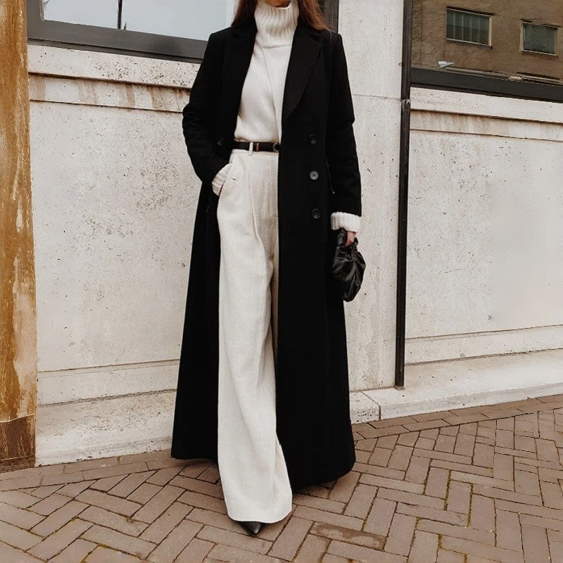 2025 Winter Women Long Wool Coat Polyester Warm Solid