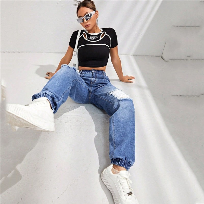 Casual High-Waist Slimming Loose Ripped Ripped Jeans