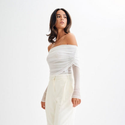 Mesh Insert See Through Pleated Off Shoulder T Shirt