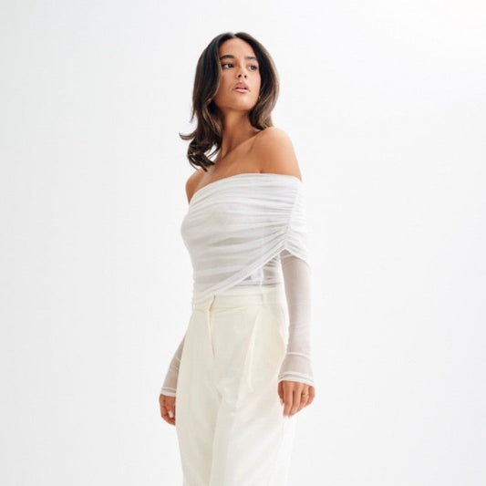 Mesh Insert See Through Pleated Off Shoulder T Shirt