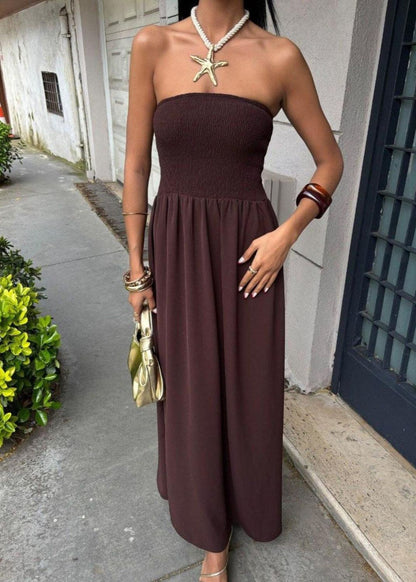 Strapless Smocked Polyester Maxi Dress Yellow