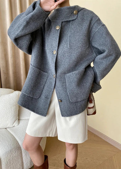Wool Blend Buttoned Coat with Stand Collar
