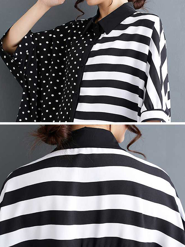Batwing Sleeves Half Sleeves Buttoned Polka-Dot Striped Lapel Blouses&Shirts Tops