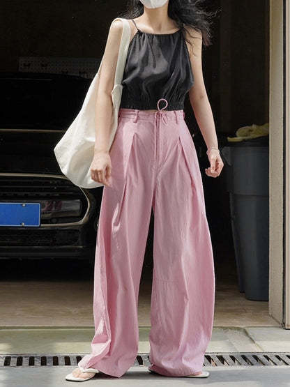 High Waisted Wide Leg Drawstring Pleated Solid Color Casual Pants Bottoms