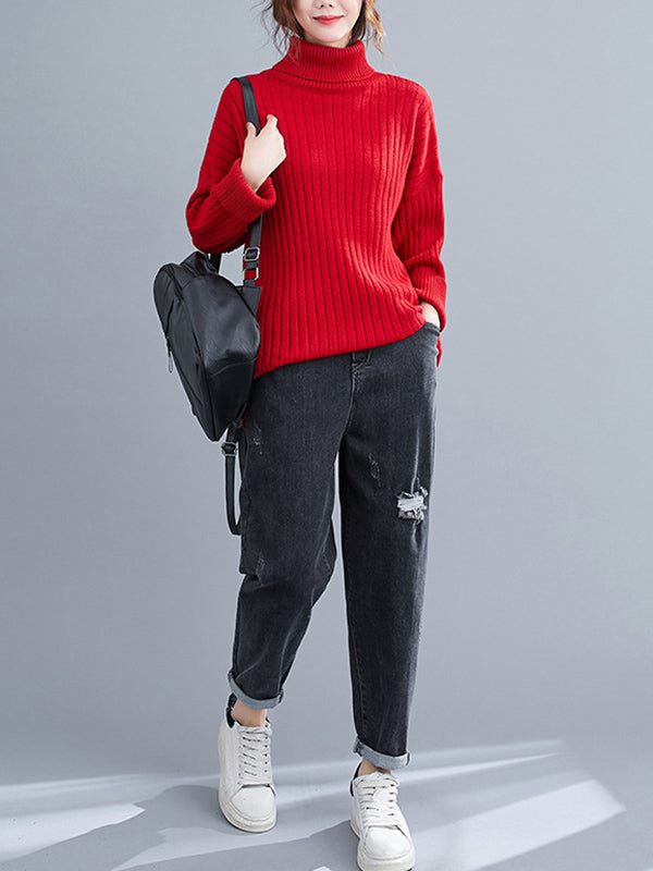 Simple Solid Color High-Neck Long Sleeves Sweater Top