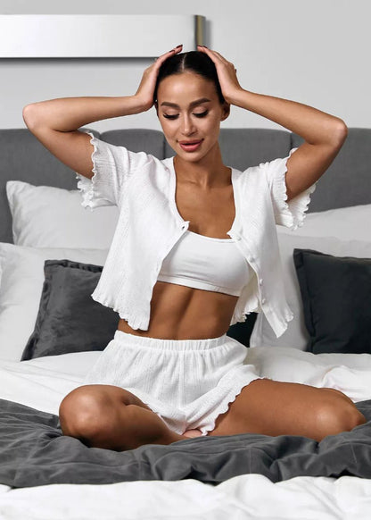 Two Piece Lounge Set Cotton Blend Ruffle Trim