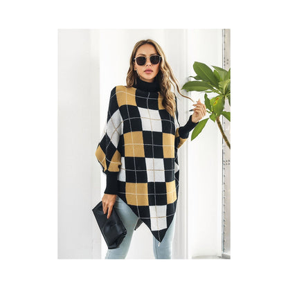 Casual Loose Batwing Sleeves Checkerboard High-Neck Sweater Tops