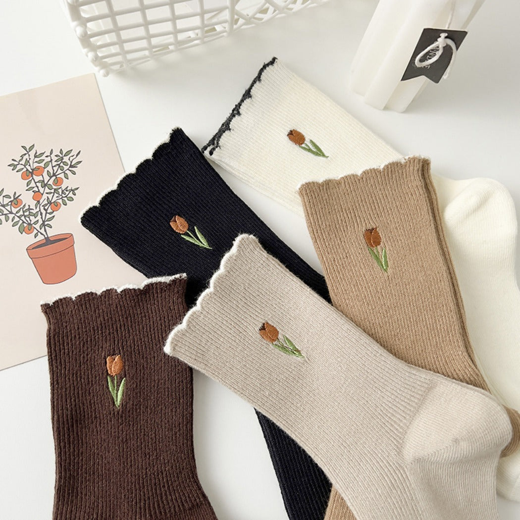 Rufia - Solid-Color Floral Tulip Socks - Sweet &amp; Classic