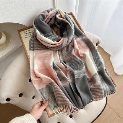 Color Block Plaid Fringe Scarf