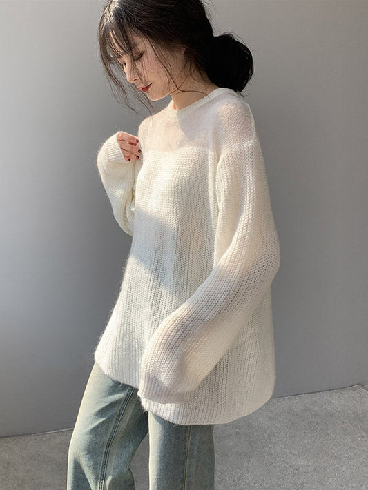 Urban Loose Solid Color Round-Neck Sweater Top