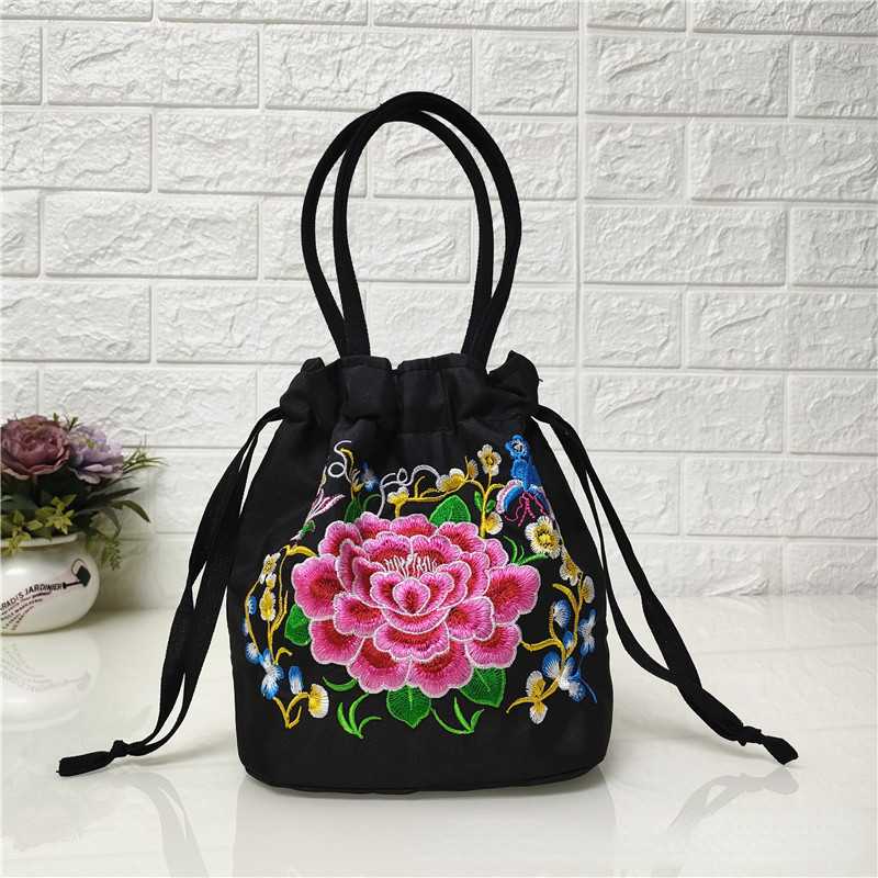 Ethnic Style Embroidered Bag, Embroidered Canvas Bag, Mobile Phone Change, Drawstring Small Bag, Women'S Bucket Bag