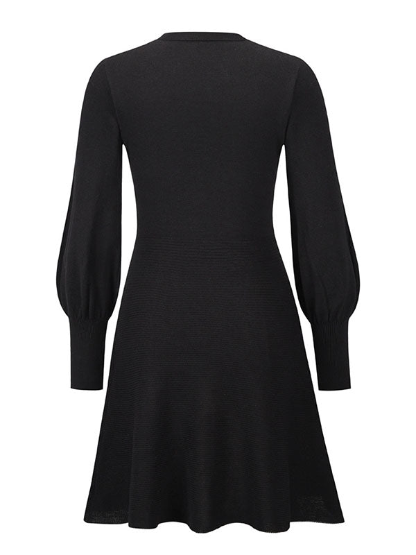 Puff Sleeves Wrap Solid Color Round-Neck Mini Dresses