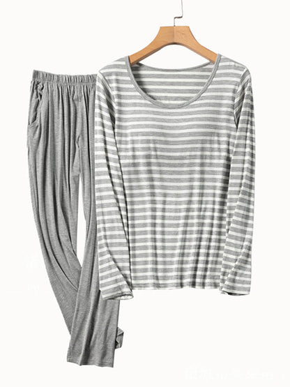 Simple Striped Long Sleeve&Pants Casual Pajamas Sets