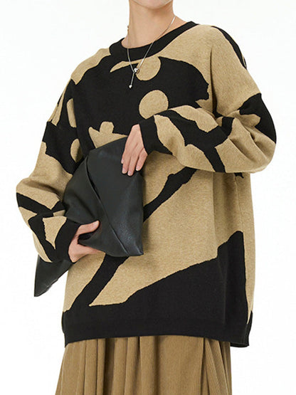 Long Sleeves Loose Contrast Color Velvet Round-Neck Pullovers Sweater Tops
