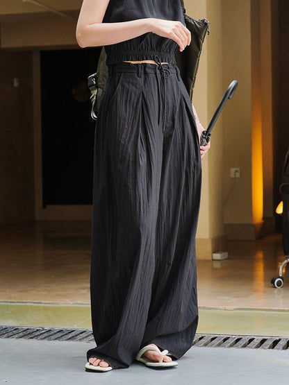 High Waisted Wide Leg Drawstring Pleated Solid Color Casual Pants Bottoms