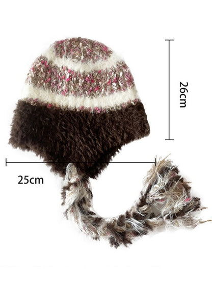 Haila - Minimalist Color-Block Knitted Beanie with Tassel Braids