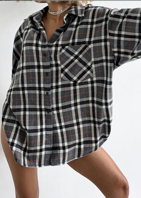 Oversized Button Up Shirt Brushed Cotton Plaid
