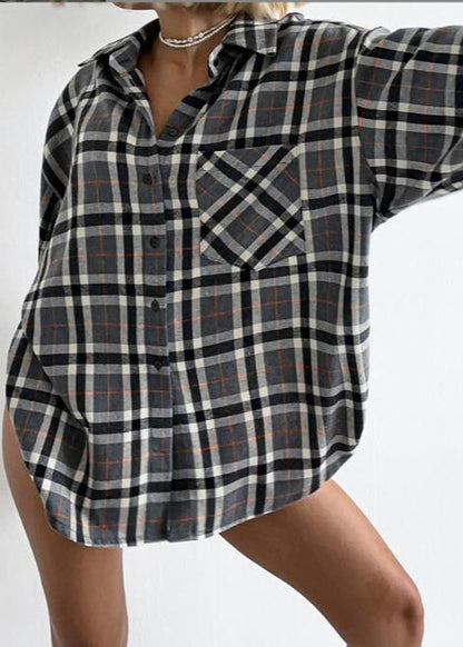 Oversized Button Up Shirt Brushed Cotton Plaid