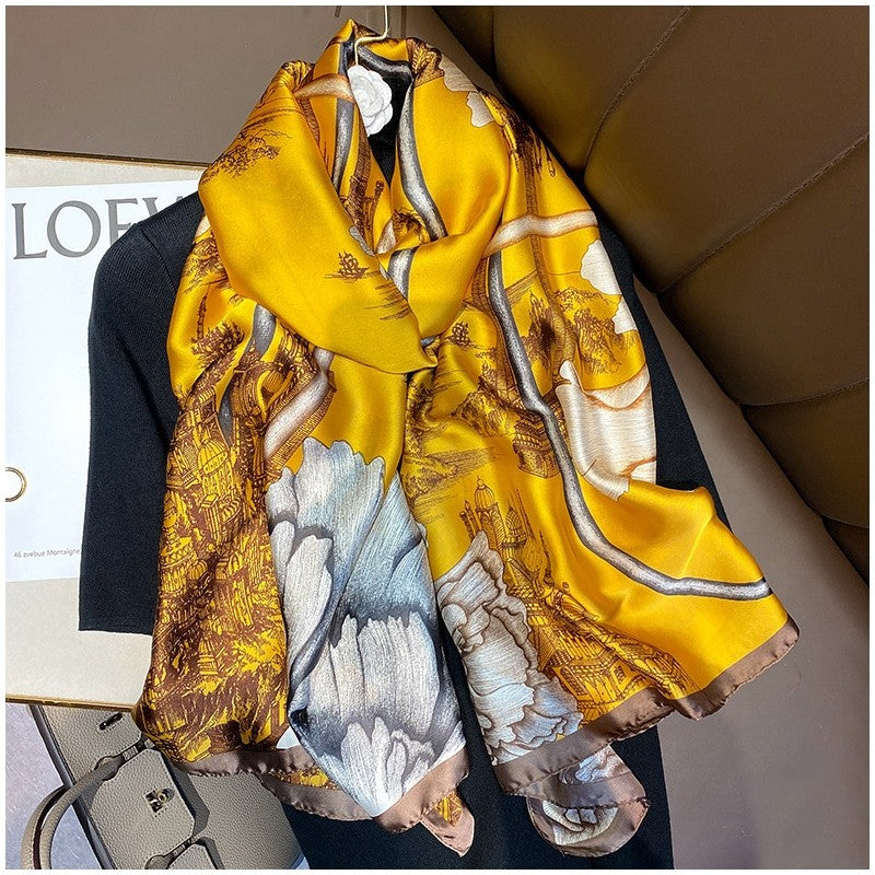 Contrast Print Long Silk Scarf