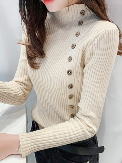 Casual Long Sleeves Skinny Solid Color High-Neck Pullovers