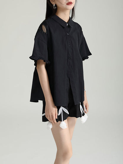Half Sleeves Loose Buttoned Mesh Reversible See-Through Split-Back Split-Joint Lapel Blouses&Shirts Tops