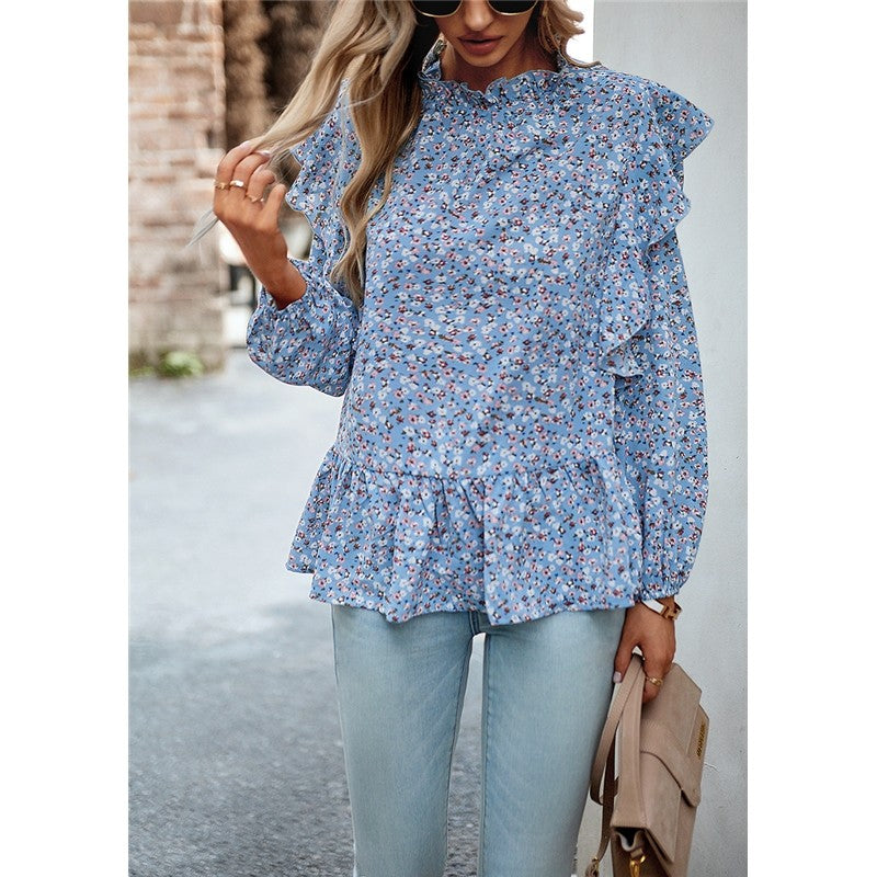Lace Collar Floral Wood Ear Trim Shirt