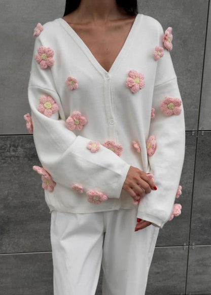 3D Floral Knit Cardigan With V Neck