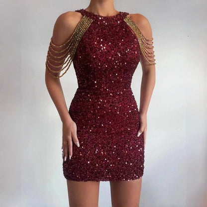 Crystal Chain Mermaid Sequin Evening Dress