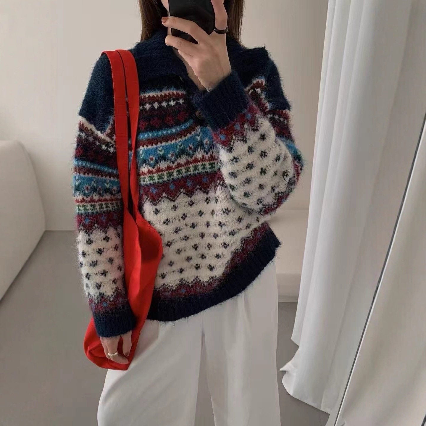 Fair Isle Christmas Sweater Women's Polo Neck Knitwear