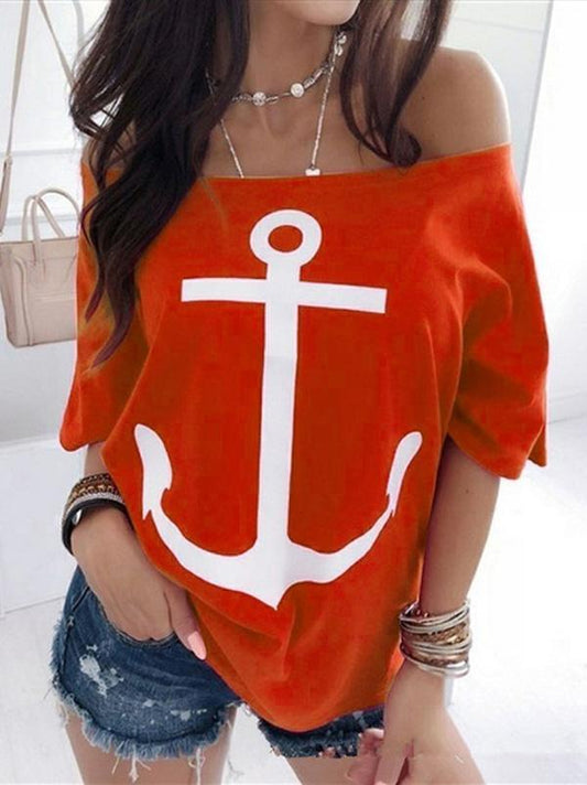 Loose Off Shoulder Printed T-Shirt Top