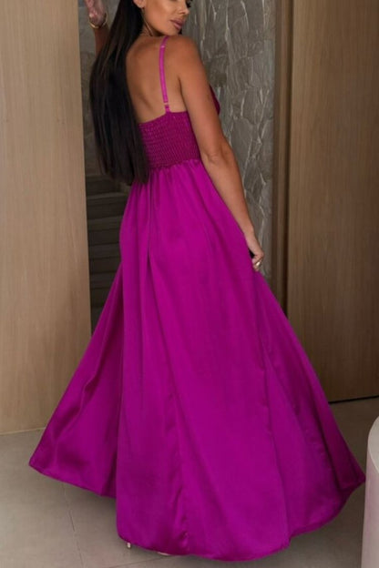 Solid Color Suspender Back Pleated Elegant Slit Full Hem Maxi Dress
