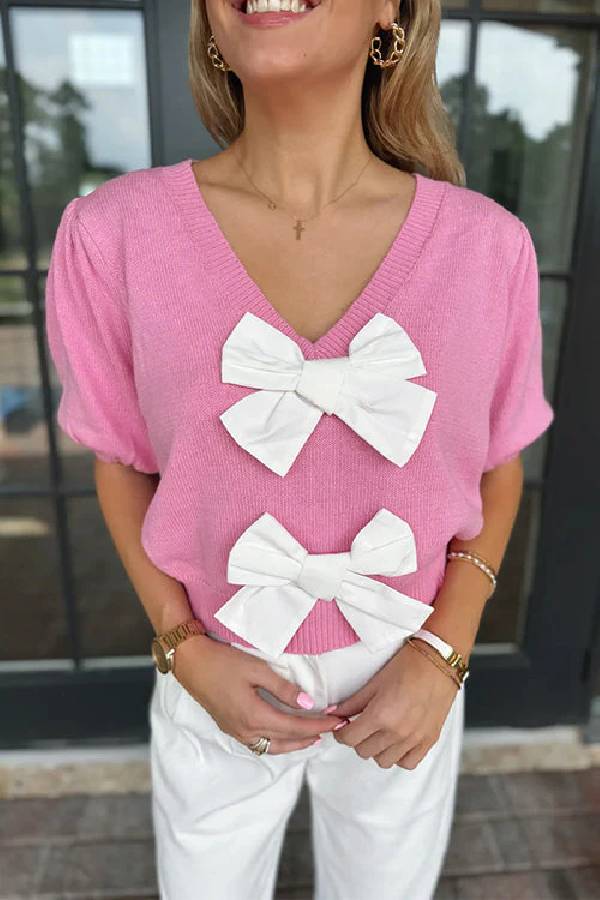 V Neck Short Sleeves Bow Knot Knit Top