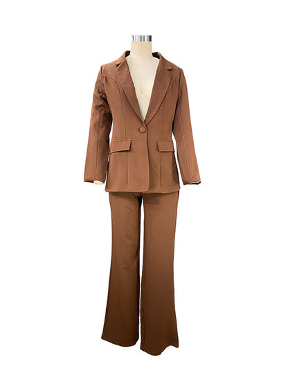 Long Sleeves Wrap Solid Color Deep V-Neck Cardigan&Pants Suits
